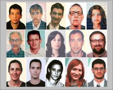 f_A combo of identity photographs released by the Dubai police on February 24, 2010, shows the 15 new suspects in last month's killing in the emirate of top Hamas militant Mahmud al-Mabhuh.