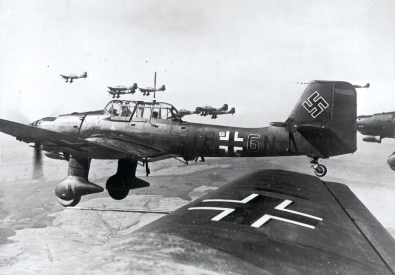 30th May 1940: German Junkers Ju-87B-2 Stuka dive bombers of the Luftwaffe 5 Staffel/Stukageschwader 2, fly in formation over France during World War II. The close air support dive bomber were a mainstay of Germany's Blitzkrieg style of attacks. (Photo by Hulton Archive/Getty Images)